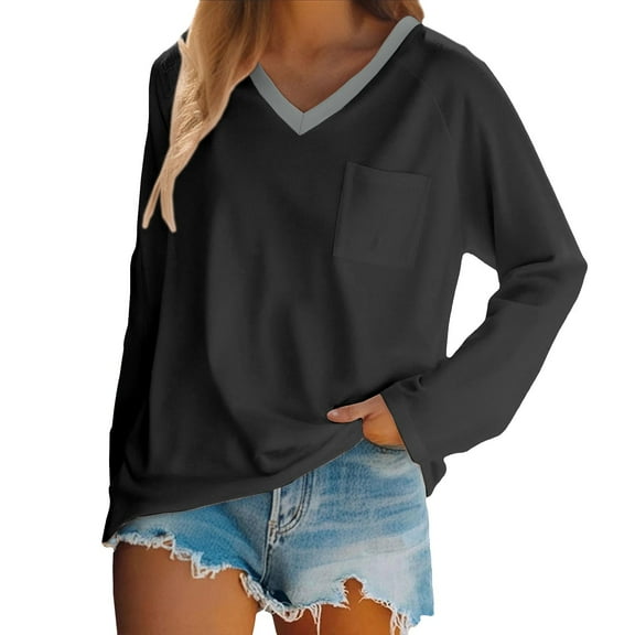 yunLCZ Basic Women's Tees Discounted Womens Long Sleeve Shirts V Neck Casual Tops With Pockets Loose Basic Fall Outfits Clothes Trendy 2025 Everyday wear simple women's T-shirts