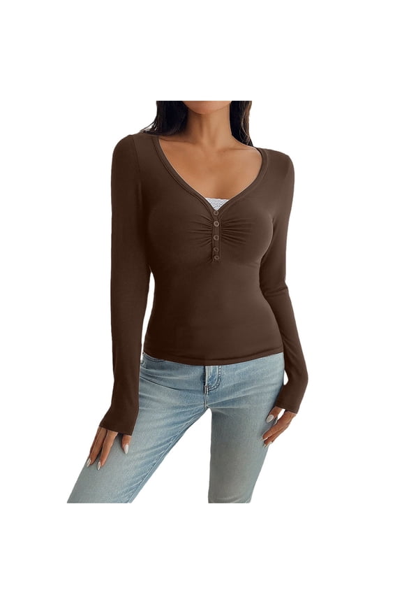 Basic Women's Tees Discounted Y2K Long Sleeve T Shirt Lace Trimmed Open Collar Slim Fit Base Shirt Top For An Y2K Style workout form-fitting T-shirts women