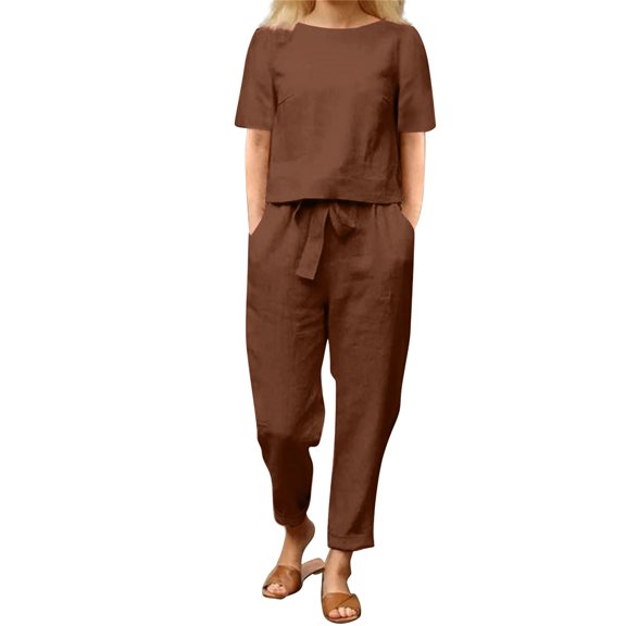yunLCZ Basic Women's Tees Everyday Low Price Cotton And Linen Summer Matching Suit Half Sleeved Wide Leg Pants Retro Set Of Two Breathable casual blouse loose fit