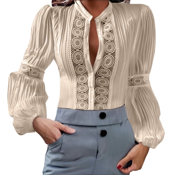 yunLCZ Basic Women's Tees Everyday Low Price Lace Patchwork Long Sleeved Solid Color Stand Up Collar Shirt Office casual blouse with leggings