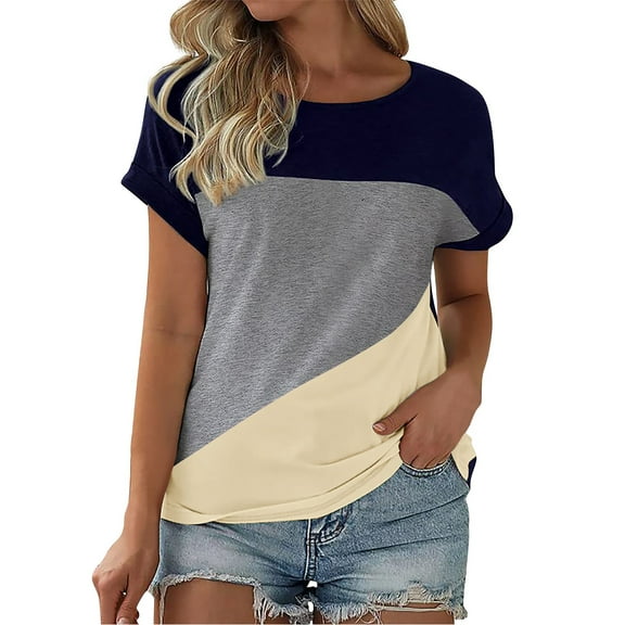 yunLCZ Basic Women's Tees Everyday Low Price Women's Short Sleeved Loose Tops T Shirts Color Blocked Casual Sleeves Color Blocked T Shirts Office casual blouse with leggings