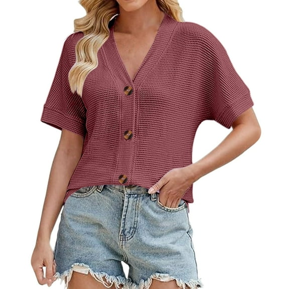 yunLCZ Basic Women's Tees Everyday Low Price Women's Solid Color Button Loose V Neck Short Sleeved Cardigan Top Everyday wear simple women's T-shirts