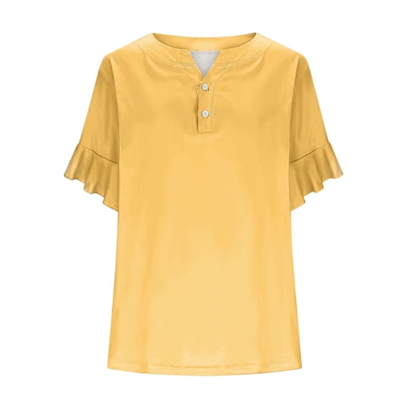 yunLCZ Basic Women's Tees Everyday Low Price Women's Tops Summer Button Solid Women's Top Lace Sleeves Short Sleeves Blouse Tops V Neck T Shirt Summer short sleeve loose fit tunics