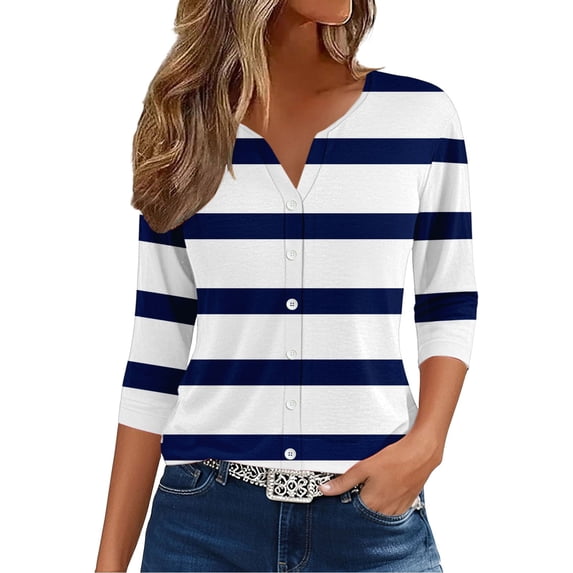 yunLCZ Casual Tops Clearance Womens Summer Tops Fashion 2025 V Neck Print Shirts Casual Button Down 3/4 Lenght Sleeve Blouses Office casual blouse with leggings