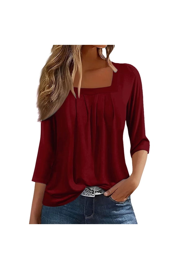 Casual Tops Discounted A Vintage Solid Color T Shirt With A Square Neck For Ladies A Casual Pleated Loose And Flowing Three Quarter Sleeve Top Everyday wear simple women's T-shirts