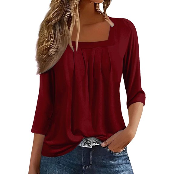 yunLCZ Casual Tops Discounted A Vintage Solid Color T Shirt With A Square Neck For Ladies A Casual Pleated Loose And Flowing Three Quarter Sleeve Top Everyday wear simple women's T-shirts