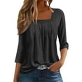 thumbnail image 1 of yunLCZ Casual Tops Discounted A Vintage Solid Color T Shirt With A Square Neck For Ladies A Casual Pleated Loose And Flowing Three Quarter Sleeve Top workout form-fitting T-shirts women, 1 of 7