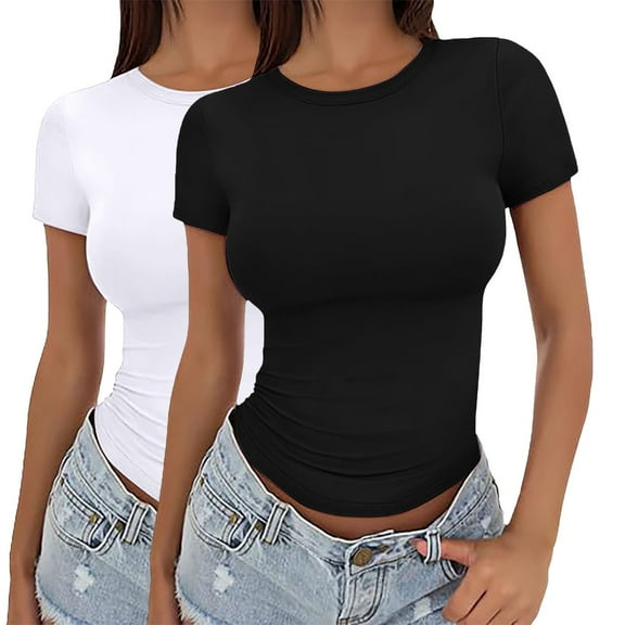 yunLCZ Casual Tops Discounted Women's Crop T Shirt Girls Summer Pullover Top Women's Thin Round Neck Fashion Short Sleeves workout form-fitting T-shirts women
