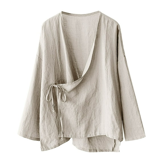 yunLCZ Casual Tops Discounted Women's Hanten Kimono Cardigan Long Sleeve Wrap Front Cotton Linen Retro Costume Irregular Shirt Tops Office casual blouse with leggings