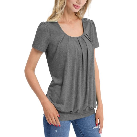 yunLCZ Casual Tops Discounted Women's Short Sleeve Summer Tops Neck Pleated Front Casual Tee T Shirt Everyday wear simple women's T-shirts