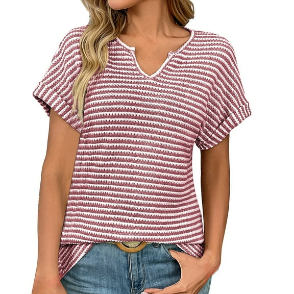 yunLCZ Casual Tops Discounted Womens Casual Cap Short Sleeve Tops Trendy Summer V Neck Loose Striped Casual Basic T Shirts Tee Blouses Everyday wear simple women's T-shirts