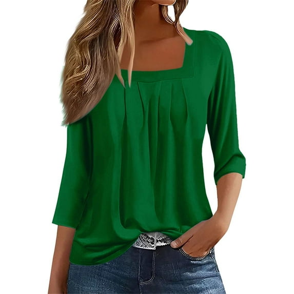 yunLCZ Casual Tops Everyday Low Price A Vintage Solid Color T Shirt With A Square Neck For Ladies A Casual Pleated Loose And Flowing Three Quarter Sleeve Top Office casual blouse with leggings
