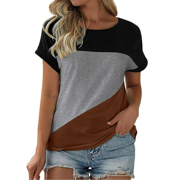 yunLCZ Casual Tops Everyday Low Price Women's Short Sleeved Loose Tops T Shirts Color Blocked Casual Sleeves Color Blocked T Shirts Everyday wear simple women's T-shirts