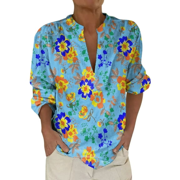 yunLCZ Classic-Fit Long-Sleeve Dress 2025 New Women's Retro Printed Pattern Art Printed Casual Long Sleeve Breathable And Comfortable V Neck Shirt