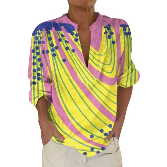 yunLCZ Classic-Fit Long-Sleeve Dress 2025 New Women's Retro Printed Pattern Art Printed Casual Long Sleeve Breathable And Comfortable V Neck Shirt