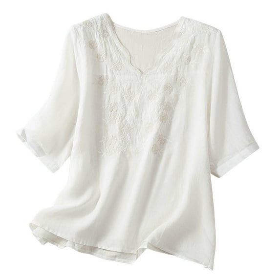 yunLCZ Classic-Fit Long-Sleeve Dress Embroidered Tops For Women Floral Cotton Linen Tunic Tshirt Tee Women 3/4 Sleeve V Neck Button Boho Ethnic