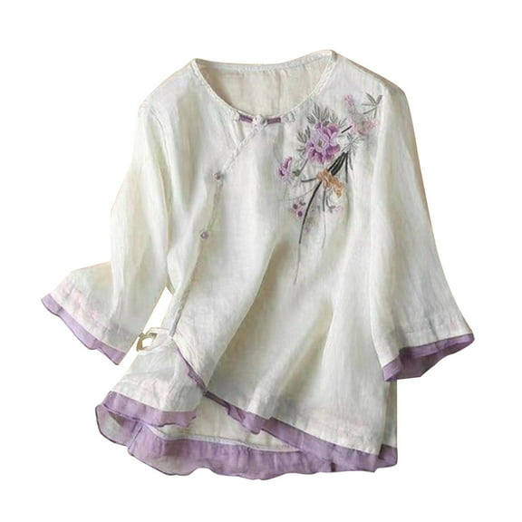 yunLCZ Classic-Fit Long-Sleeve Dress Embroidered Tops For Women Floral Cotton Linen Tunic Tshirt Tee Women 3/4 Sleeve V Neck Button Boho Ethnic