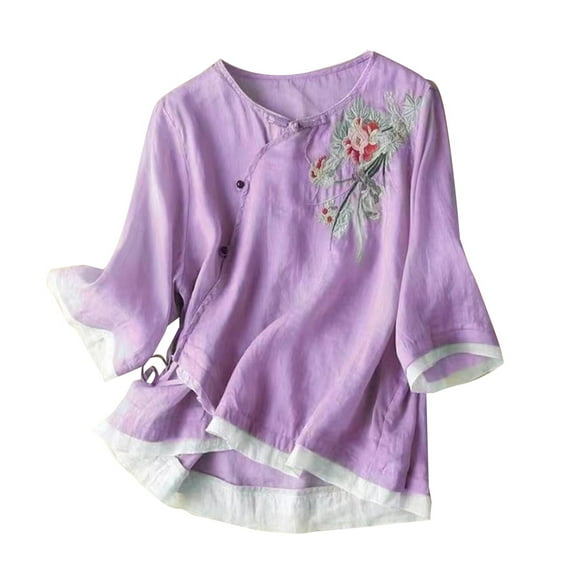 yunLCZ Classic-Fit Long-Sleeve Dress Embroidered Tops For Women Floral Cotton Linen Tunic Tshirt Tee Women 3/4 Sleeve V Neck Button Boho Ethnic