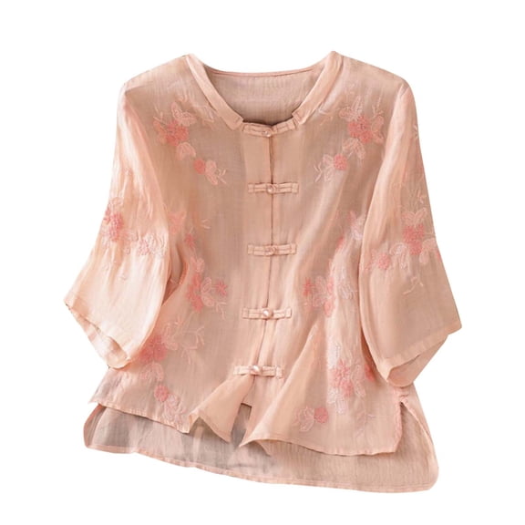 yunLCZ Classic-Fit Long-Sleeve Dress Embroidered Tops For Women Floral Cotton Linen Tunic Tshirt Tee Women 3/4 Sleeve V Neck Button Boho Ethnic