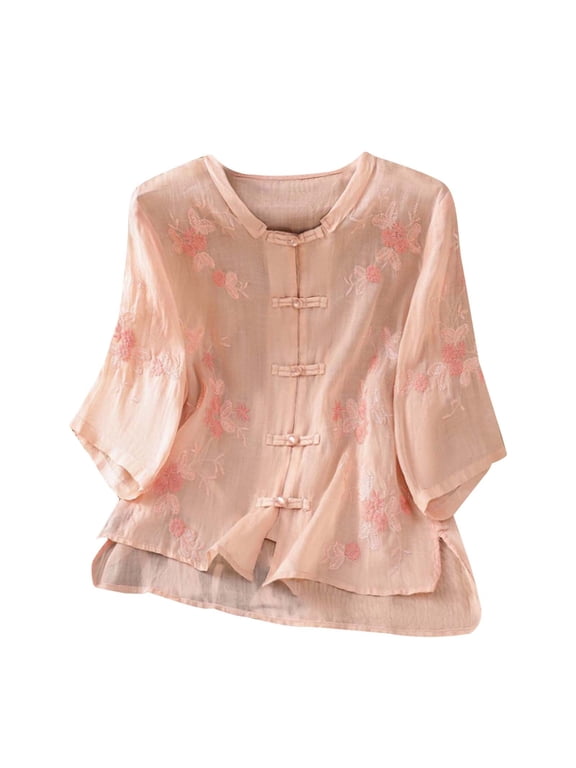 Classic-Fit Long-Sleeve Dress Embroidered Tops For Women Floral Cotton Linen Tunic Tshirt Tee Women 3/4 Sleeve V Neck Button Boho Ethnic