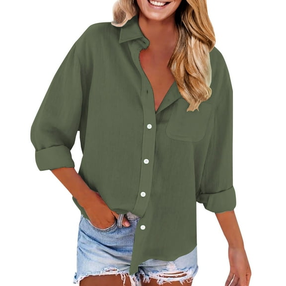 yunLCZ Classic-Fit Long-Sleeve Dress Linen Shirts For Women With Pockets Long Sleeve Down Shirt Blouse Loose Fit Vacation Beach Work Tops Clothes