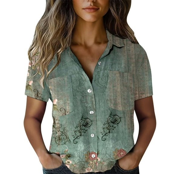 yunLCZ Classic-Fit Long-Sleeve Dress Women Cotton Shirt Printed Fashion Down Shirts Casual Tops Short Sleeve Blouse