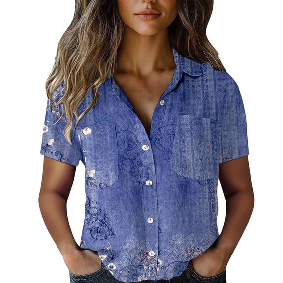 yunLCZ Classic-Fit Long-Sleeve Dress Women Cotton Shirt Printed Fashion Down Shirts Casual Tops Short Sleeve Blouse