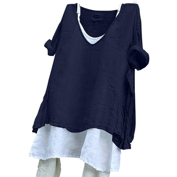 yunLCZ Classic-Fit Long-Sleeve Dress Women'S Solid Color Loose Plus Size Short Sleeve Texture Dress Shirt