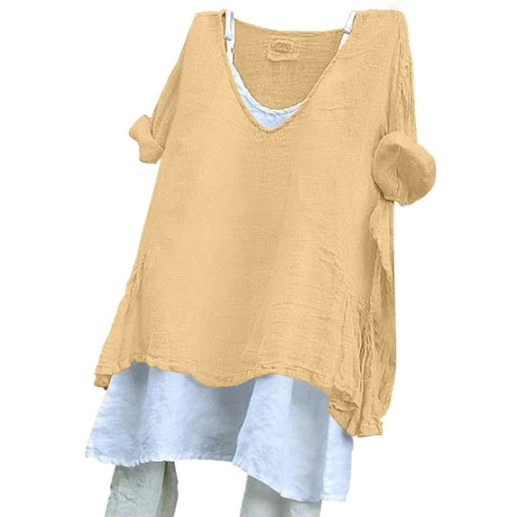 yunLCZ Classic-Fit Long-Sleeve Dress Women'S Solid Color Loose Plus Size Short Sleeve Texture Dress Shirt