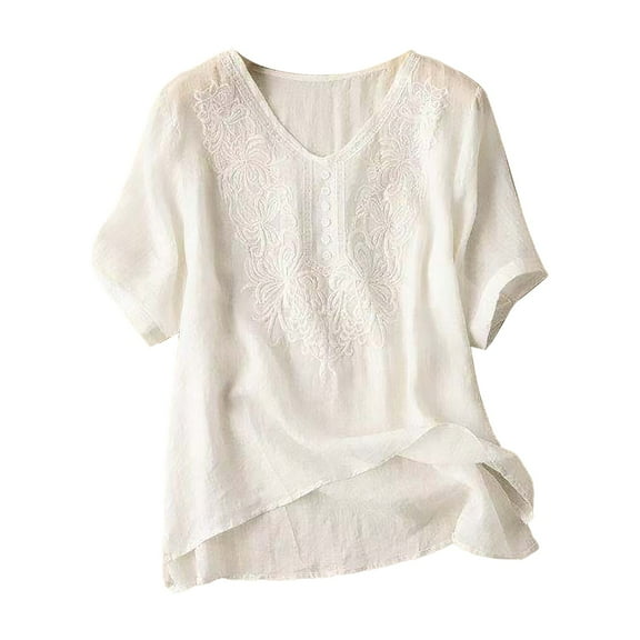 yunLCZ Classic-Fit Long-Sleeve Dress Women's Cotton Linen Short Sleeve V Neck Loose Embroidered Top