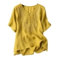 thumbnail image 1 of yunLCZ Classic-Fit Long-Sleeve Dress Women's Cotton Linen Short Sleeve V Neck Loose Embroidered Top, 1 of 3