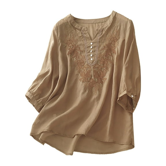 yunLCZ Classic-Fit Long-Sleeve Dress Women's Literary Loose Solid Color Embroidered Flower Cotton And Linen V Neck Five Points Sleeve Top