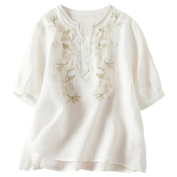 yunLCZ Classic-Fit Long-Sleeve Dress Women's Loose Temperament Short Sleeved Embroidery Literary Retro Cotton Shirt