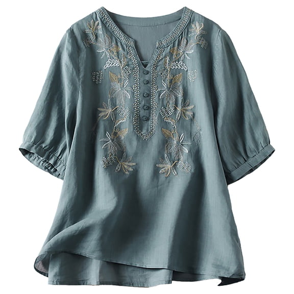 yunLCZ Classic-Fit Long-Sleeve Dress Women's Loose Temperament Short Sleeved Embroidery Literary Retro Cotton Shirt