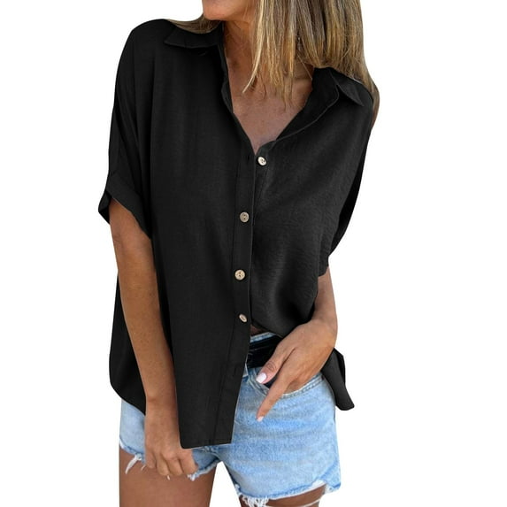 yunLCZ Classic-Fit Long-Sleeve Dress Women's Spring/Summer Solid Color Button Down Five Quarter Sleeve Lapel Shirt