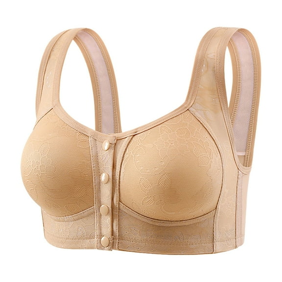 yunLCZ Comfortable Wireless Bra Women's Fixed Cup Front Open Button Underwear Thin Style Gathering Breathable Bra Underwear Bras for Women Khaki 44
