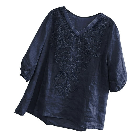 yunLCZ Ladies Blouse Discounted Linen Shirts For Women Summer 2025 Retro Embroidered 3/4 Sleeve Tops Loose Casual Boho Cute Blouses Trendy Office casual blouse with leggings