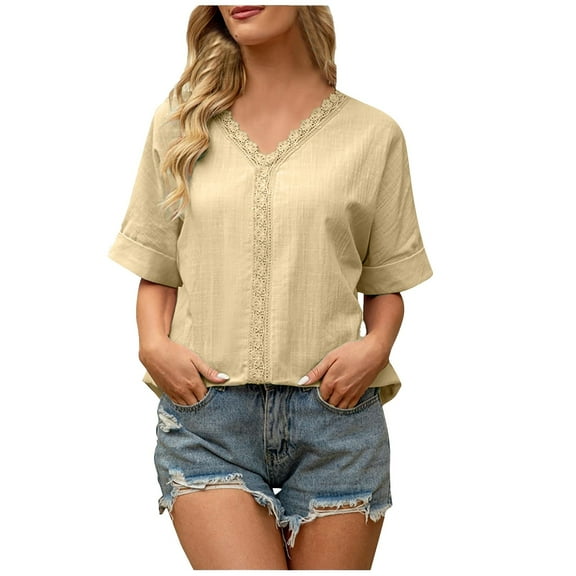 yunLCZ Ladies Blouse Discounted Shirts For Women Trendy Summer Petal Short Sleeve V Neck Petite Tops Cute Lace Eyelet Blouses Casual Tee Breathable casual blouse loose fit