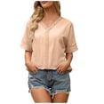 thumbnail image 1 of yunLCZ Ladies Blouse Discounted Shirts For Women Trendy Summer Petal Short Sleeve V Neck Petite Tops Cute Lace Eyelet Blouses Casual Tee Office casual blouse with leggings, 1 of 5