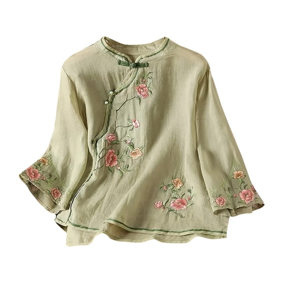 yunLCZ Ladies Blouse Discounted Spring And Autumn/Summer Cotton And Shirt Embroidered Retro Slant Collar Pan Button Art Top Women's Seven Sleeve Small Shirt Everyday wear simple women's T-shirts