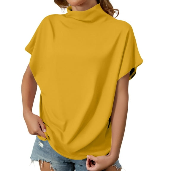 yunLCZ Ladies Blouse Discounted Women's Summer Solid Color High Neck Loose Casual Short Sleeved T Shirt Top Breathable casual blouse loose fit