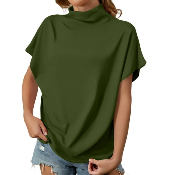yunLCZ Ladies Blouse Discounted Women's Summer Solid Color High Neck Loose Casual Short Sleeved T Shirt Top Summer short sleeve loose fit tunics