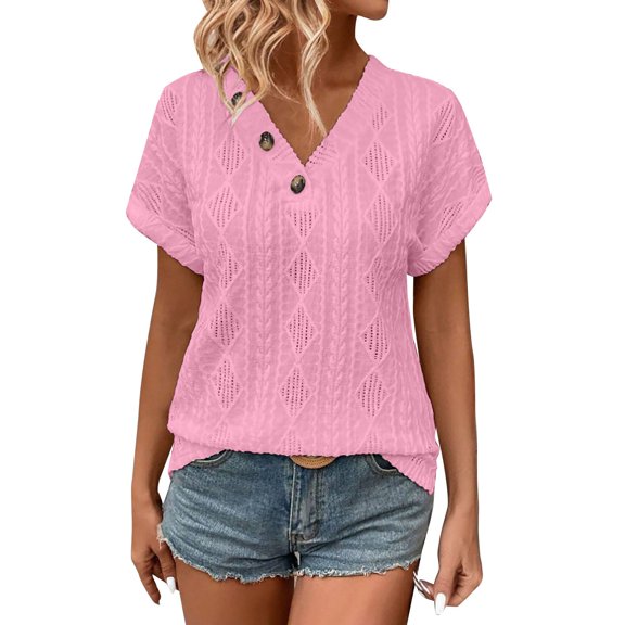 yunLCZ Ladies Blouse Discounted Women's Summer V Neck Button Detail Loose Casual Tops T Shirts For Women Blouse Tees Relaxed Comfort Daily Outfit Breathable casual blouse loose fit