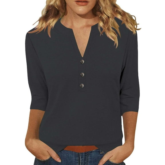 yunLCZ Ladies Blouse Discounted Women's Tops Summer Solid Color Women's Top 3/4 Sleeves Blouse Tops Women's Blouse Short Sleeve T Shirt V Neck T Shirt Everyday wear simple women's T-shirts