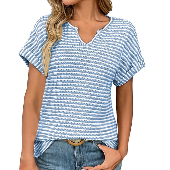 yunLCZ Ladies Blouse Discounted Womens Casual Cap Short Sleeve Tops Trendy Summer V Neck Loose Striped Casual Basic T Shirts Tee Blouses Breathable casual blouse loose fit