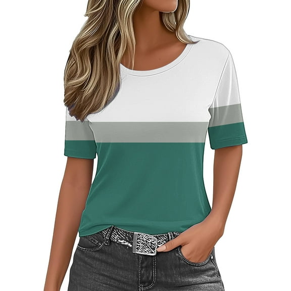 yunLCZ Ladies Blouse Discounted Womens Summer Tops 2025 Crew Neck Short Sleeve T Shirts Casual Blouses Cute Printed Tees Loose Trendy Outfits workout form-fitting T-shirts women