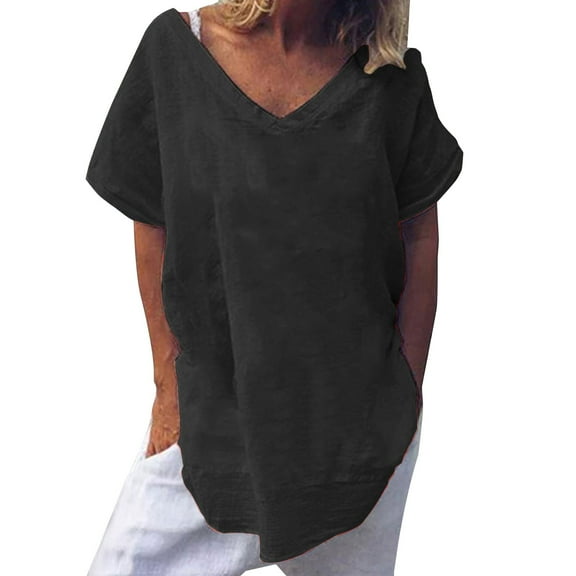 yunLCZ Ladies Blouse Everyday Low Price Short Sleeved V Neck Solid Color Cotton And Linen T Shirt Casual Women's Clothing Everyday wear simple women's T-shirts