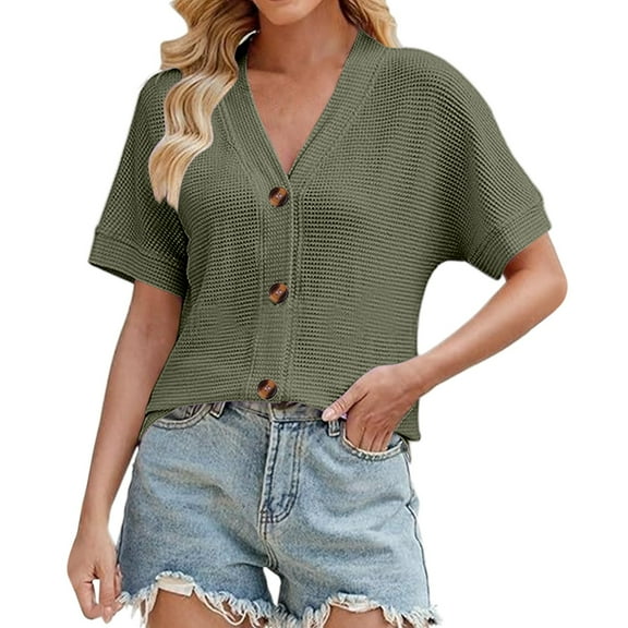 yunLCZ Ladies Blouse Everyday Low Price Women's Solid Color Button Loose V Neck Short Sleeved Cardigan Top workout form-fitting T-shirts women