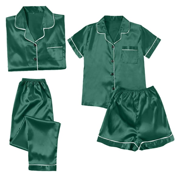yunLCZ Nightgowns for Women Satin Pyjamas Women's Short 4 Piece Pyjamas Short Sleeve Sleepwear And Shorts Set Women Sets Leisure Suit Loungewear Nightshirt