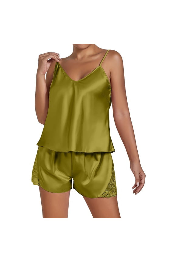 Nightgowns for Women Women's Silk Satin Ruffled Pajamas Sets Shorts Sets Sleepwear Satin Pajamas Shorts Set Nightwear Pajamas Set Nightshirt